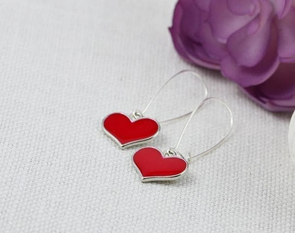 Red Heart Silver Everyday Earrings - Bridesmaids, long, Love hearts 4