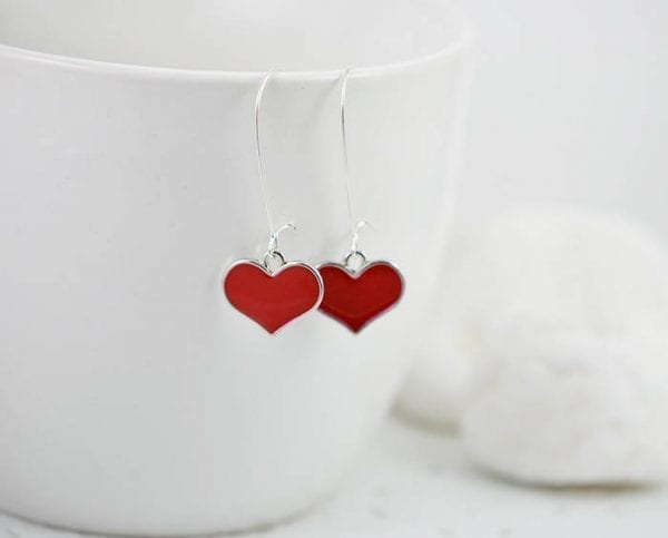 Red Heart Silver Everyday Earrings - Bridesmaids, long, Love hearts 55