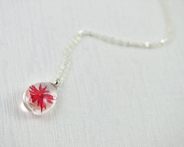 Red Real Flower Teardrop Necklace - Ruby, Silver, Terranium 51