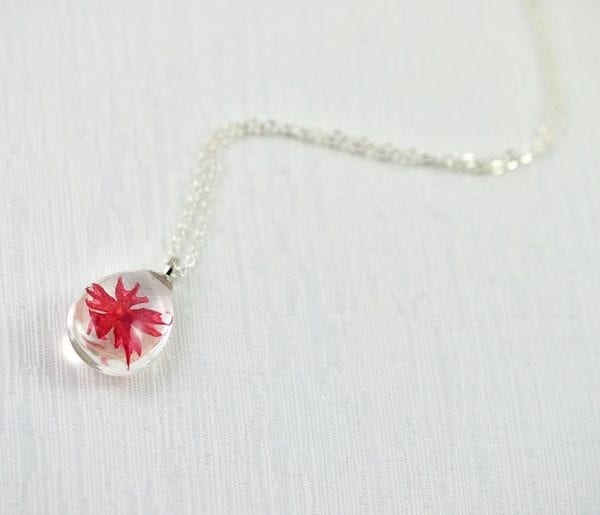Red Real Flower Teardrop Necklace - Ruby, Silver, Terranium 3