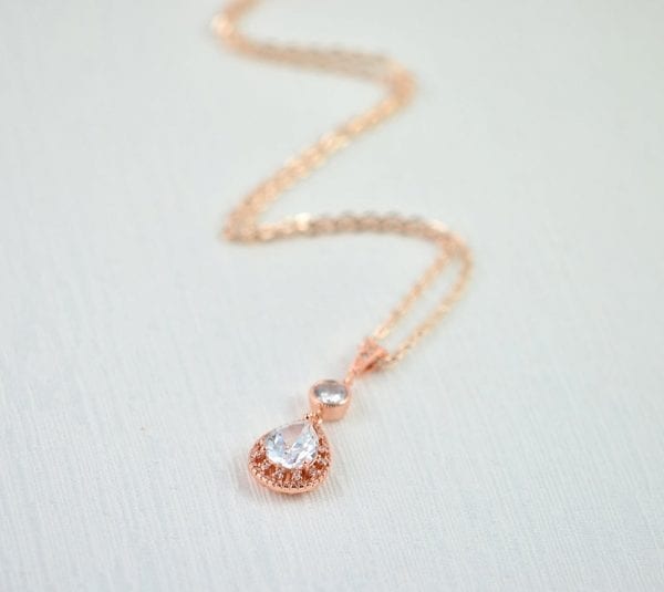 Rose Gold Bridal Teardrop Necklace - Cubic Zirconia, Wedding, Simple