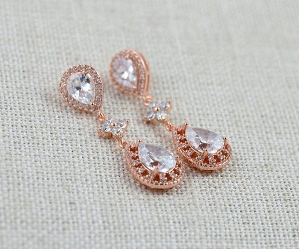 Rose Gold Bridal Wedding Earrings - Cubic Zirconia, Bridesmaids, Teardrop 1