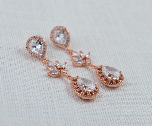 Rose Gold Bridal Teardrop Earrings, Teardrop Earrings, Cubic Zirconia Crystals Wedding Rose Gold Jewellery, Bridal Drop Halo Style Elegant Earrings 51