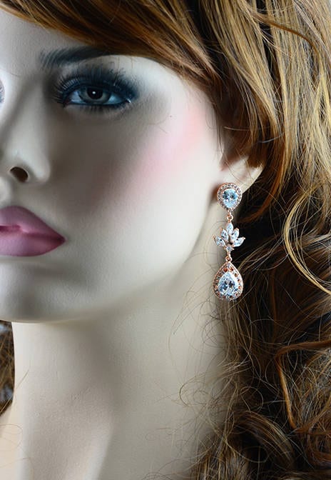 Rose Gold Bridal Teardrop Earrings, Teardrop Earrings, Cubic Zirconia Crystals Wedding Rose Gold Jewellery, Bridal Drop Halo Style Elegant Earrings 54