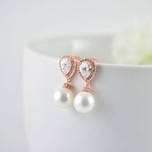 Rose Gold Bridal Pearl Earrings - Cubic Zirconia, Wedding, Swarovski , Stud 18