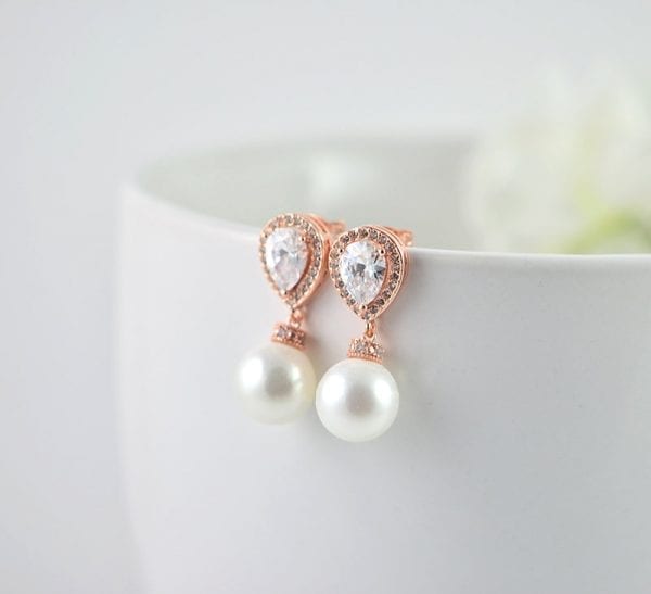 Rose Gold Bridal Pearl Earrings - Cubic Zirconia, Wedding, Swarovski , Stud 51