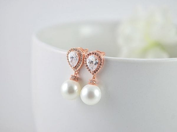 Rose Gold Bridal Pearl Earrings - Cubic Zirconia, Wedding, Swarovski , Stud 54