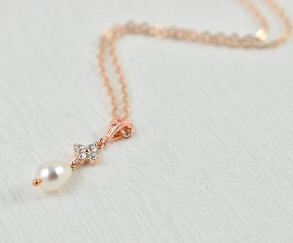 Rose Gold Bridal Pearl Necklace, Cubic Zirconia Pearl Teardrop Necklace, Rose gold Wedding Jewellery, Pendant Necklace Ivory Pearl Necklace 1