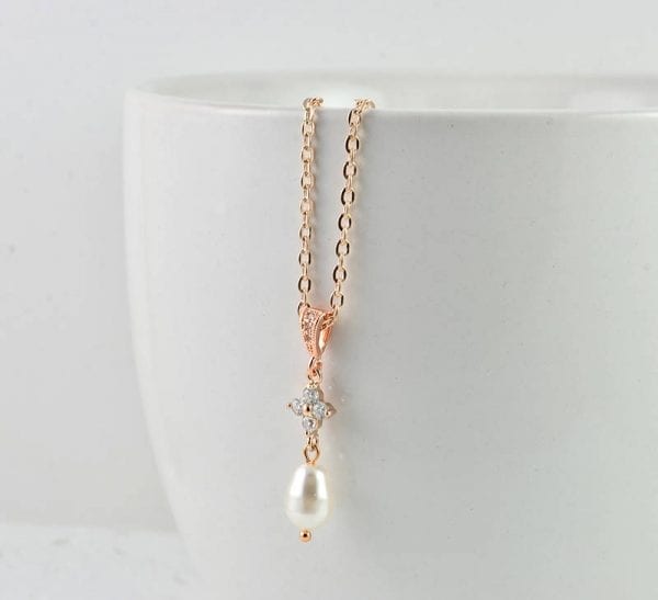 Rose Gold Bridal Pearl Necklace, Cubic Zirconia Pearl Teardrop Necklace, Rose gold Wedding Jewellery, Pendant Necklace Ivory Pearl Necklace 53