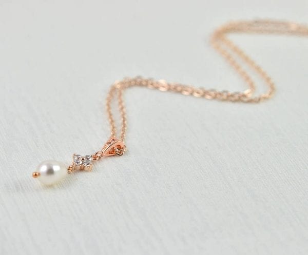 Rose Gold Bridal Pearl Necklace, Cubic Zirconia Pearl Teardrop Necklace, Rose gold Wedding Jewellery, Pendant Necklace Ivory Pearl Necklace 54