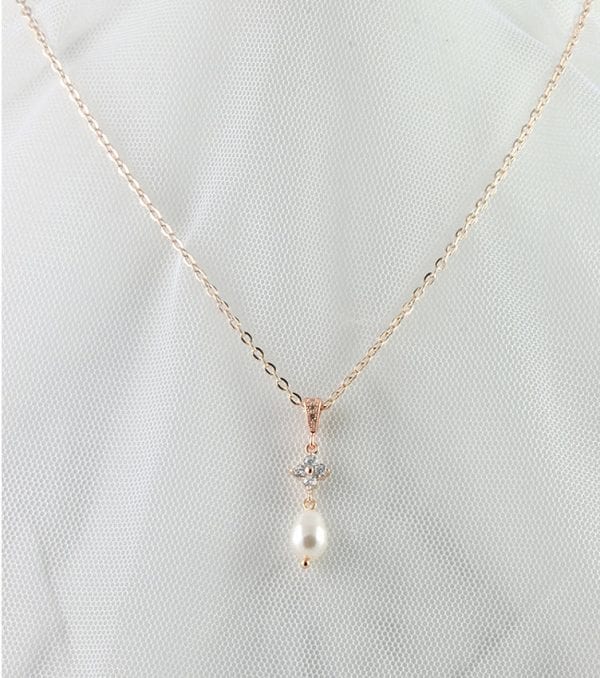 Rose Gold Bridal Pearl Necklace, Cubic Zirconia Pearl Teardrop Necklace, Rose gold Wedding Jewellery, Pendant Necklace Ivory Pearl Necklace 56