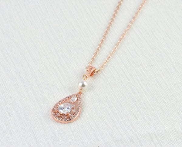 CZ Rose Gold Bridal Pearl Necklace - Cubic Zirconia, Swarovski Pearl, Wedding 2