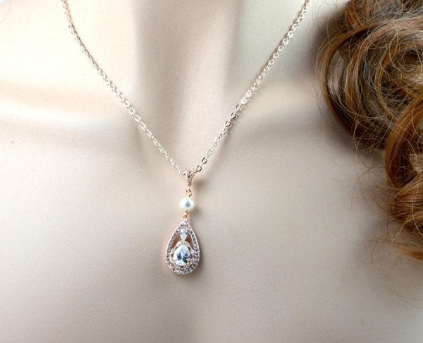 CZ Rose Gold Bridal Pearl Necklace - Cubic Zirconia, Swarovski Pearl, Wedding 54