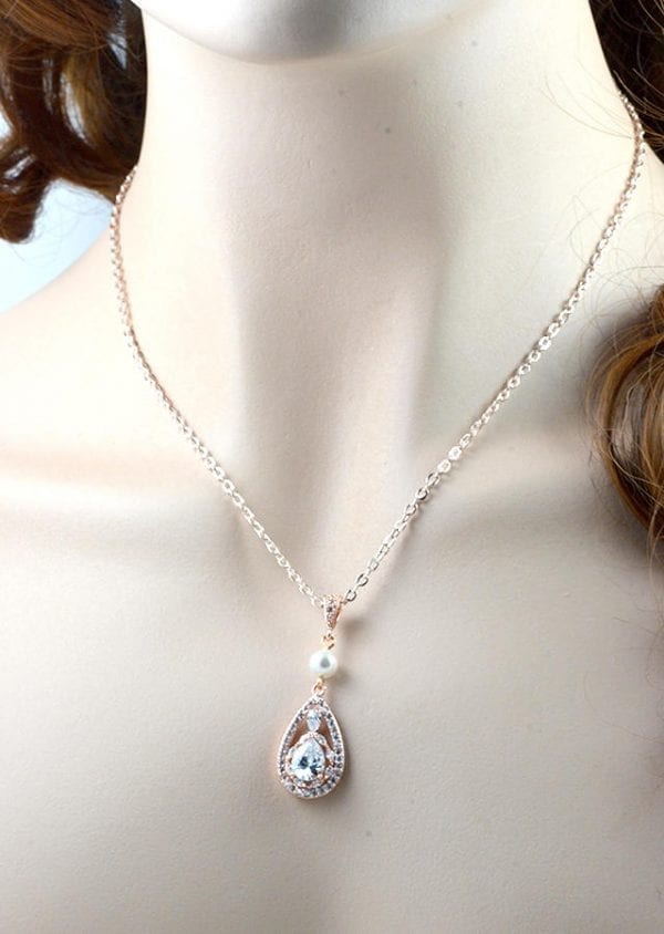 CZ Rose Gold Bridal Pearl Necklace - Cubic Zirconia, Swarovski Pearl, Wedding 5