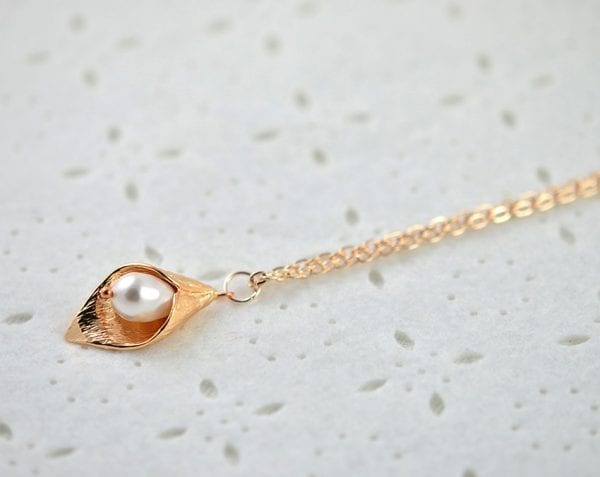 Rose Gold Leaf Swarovski Drop Pearl Necklace - White Teardrop, Simple, Flower Girl 51