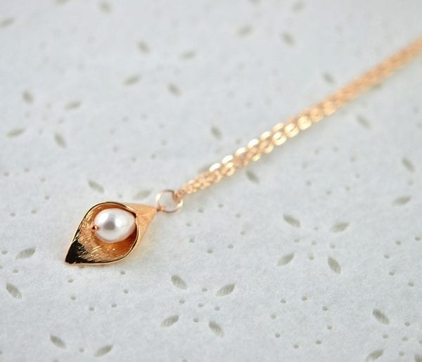 Rose Gold Leaf Swarovski Drop Pearl Necklace - White Teardrop, Simple, Flower Girl 54