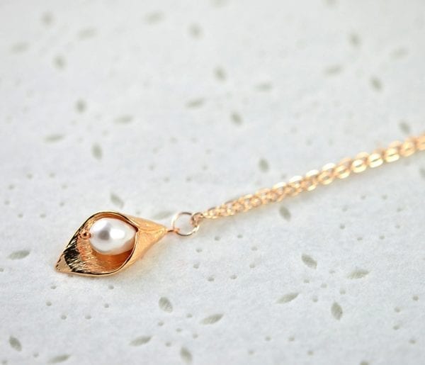 Rose Gold Leaf Swarovski Drop Pearl Necklace - White Teardrop, Simple, Flower Girl 5