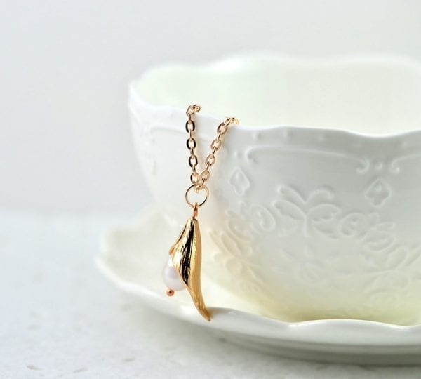 Rose Gold Leaf Swarovski Drop Pearl Necklace - White Teardrop, Simple, Flower Girl 6