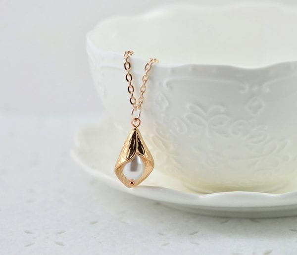 Rose Gold Leaf Swarovski Drop Pearl Necklace - White Teardrop, Simple, Flower Girl 57