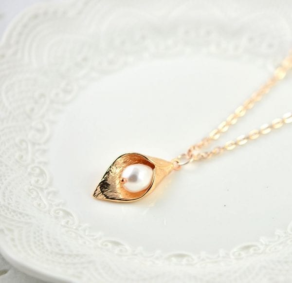 Rose Gold Leaf Swarovski Drop Pearl Necklace - White Teardrop, Simple, Flower Girl 8