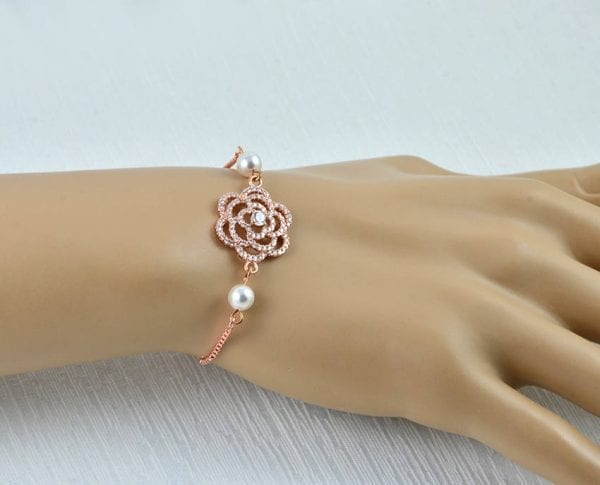 Rose Gold Pearl Bridal Bracelet - Swarovski Pearl, Cubic Zirconia, Bridesmaids 4