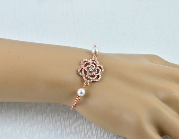 Rose Gold Pearl Bridal Bracelet - Swarovski Pearl, Cubic Zirconia, Bridesmaids 7