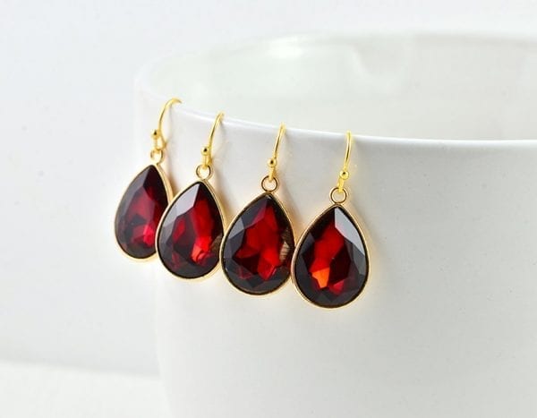 Ruby Bridesmaids Gold Earrings - Drop, Wedding, Cubic Zirconia Crystals, Simple Minimalist 1