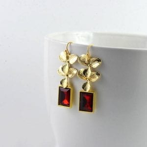 Ruby Rectangle Earrings - Bridesmaids, Gold Leaves Dangle, Modern 1