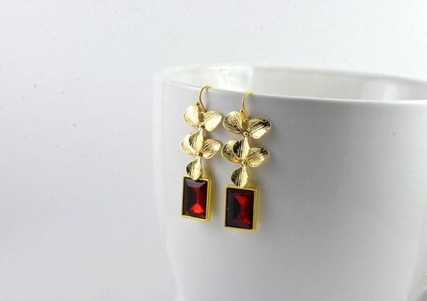 Ruby Rectangle Earrings - Bridesmaids, Gold Leaves Dangle, Modern 1