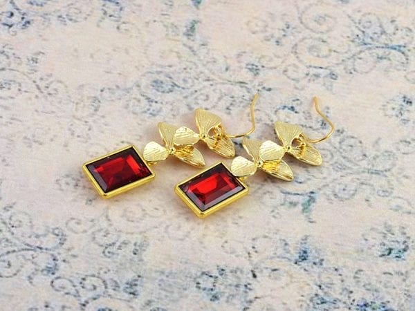 Ruby Rectangle Earrings - Bridesmaids, Gold Leaves Dangle, Modern 2