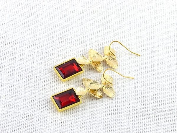 Ruby Rectangle Earrings - Bridesmaids, Gold Leaves Dangle, Modern 53