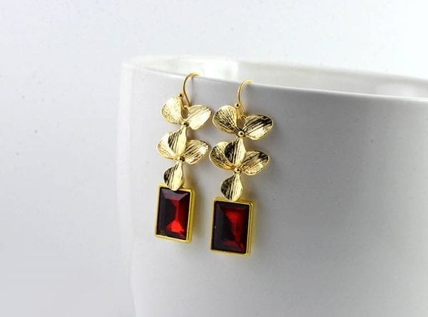 Ruby Rectangle Earrings - Bridesmaids, Gold Leaves Dangle, Modern 54