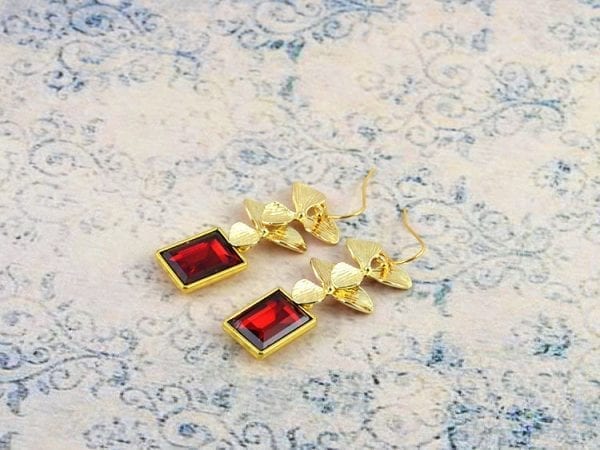 Ruby Rectangle Earrings - Bridesmaids, Gold Leaves Dangle, Modern 55