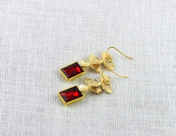Ruby Rectangle Earrings - Bridesmaids, Gold Leaves Dangle, Modern 6