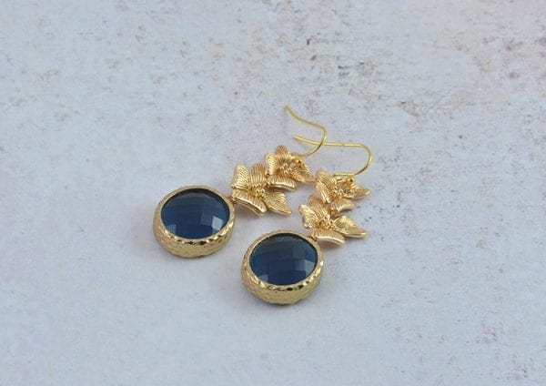 Sapphire Bridesmaids Floral Earrings - Crystal, Gold Earrings 1