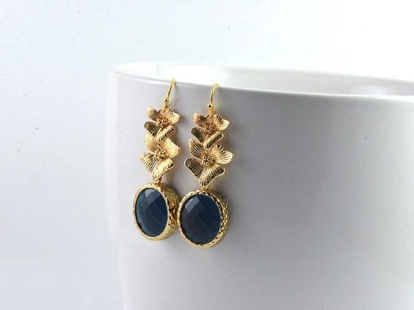 Sapphire Bridesmaids Floral Earrings - Crystal, Gold Earrings 54
