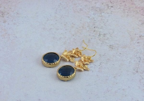 Sapphire Bridesmaids Floral Earrings - Crystal, Gold Earrings 55
