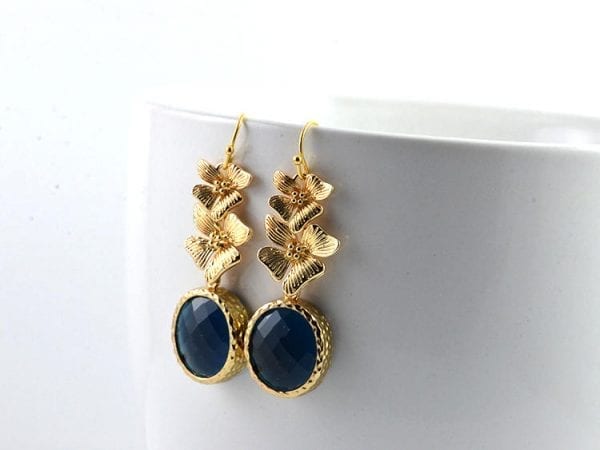 Sapphire Bridesmaids Floral Earrings - Crystal, Gold Earrings 56