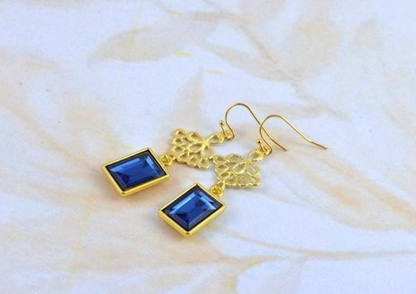 Sapphire Bridesmaids Earrings - Crystal Dangle, Modern Gold Earrings 51