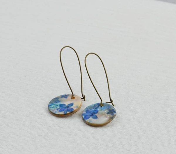Sea shell Bronze Pearl Earrings - Blue Floral, dangle, Simple