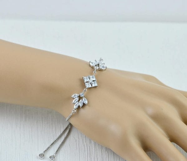 Silver Bridal Zirconia Wedding Bracelet - Square Leaf 55