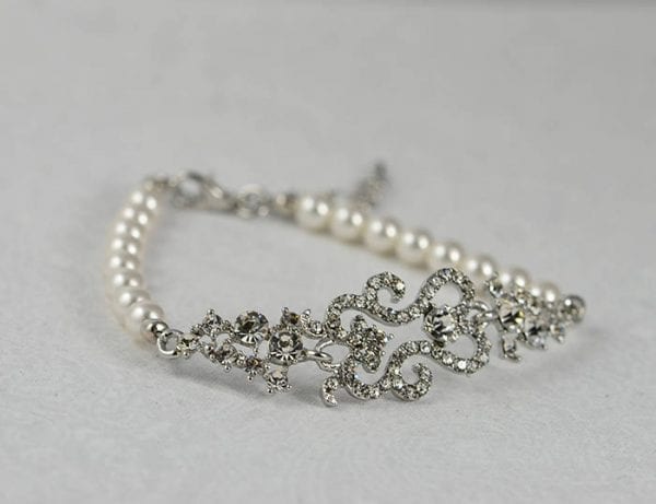 Silver Bridal Pearl Antique Bracelet - Wedding, Cubic Zirconia, Vintage 2