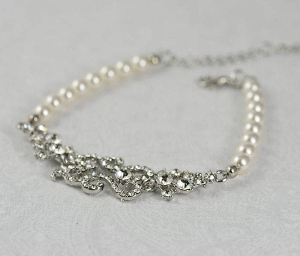 Silver Bridal Pearl Antique Bracelet - Wedding, Cubic Zirconia, Vintage 53