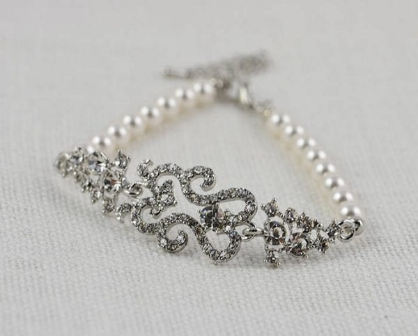 Silver Bridal Pearl Antique Bracelet - Wedding, Cubic Zirconia, Vintage 54
