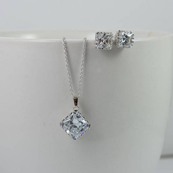 Silver CZ Square Bridal Jewellery Set - Crystal Jewellery Set, Wedding, Stud Earrings 1