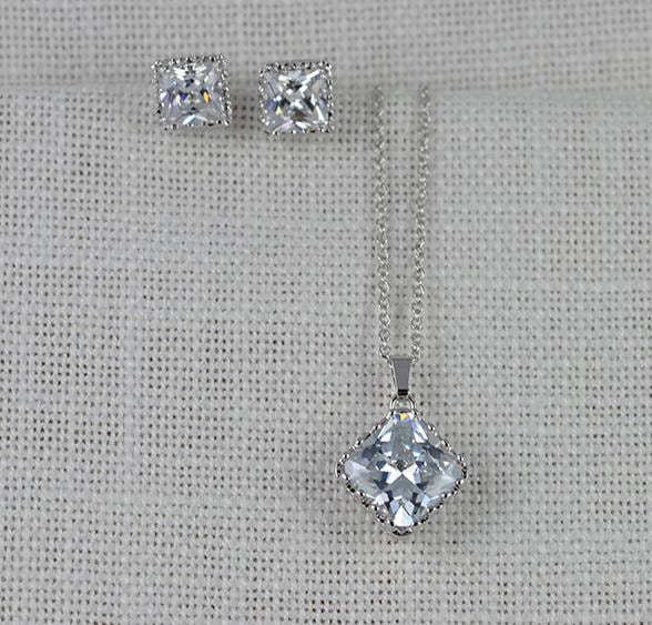 Silver CZ Square Bridal Jewellery Set - Crystal Jewellery Set, Wedding, Stud Earrings 2