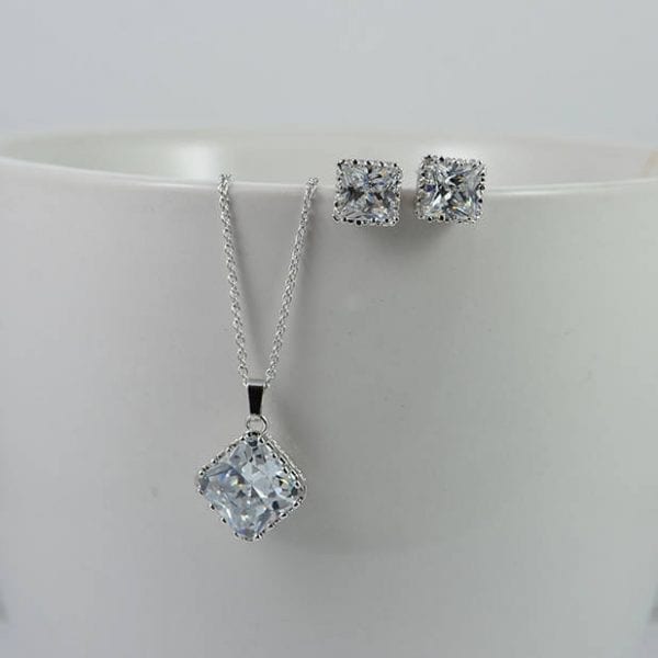 Silver CZ Square Bridal Jewellery Set - Crystal Jewellery Set, Wedding, Stud Earrings 3