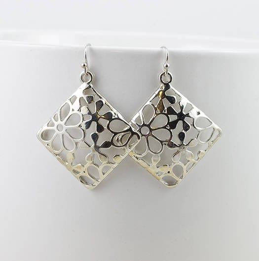 Silver Filigree Earrings, Square, Simple Design, Chandelier, Mesh 3