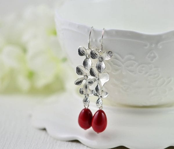 Silver Flower Cascading Earrings - Red Drop, Silver Leaf, Bridesmaids 51