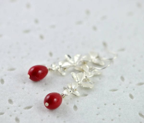 Silver Flower Cascading Earrings - Red Drop, Silver Leaf, Bridesmaids 52